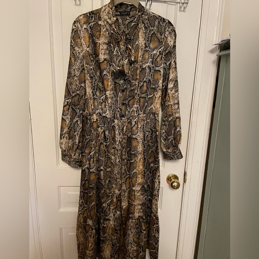 “Sold”Zara Brown and Tan Snakeskin Long Sleeve Maxi Dress